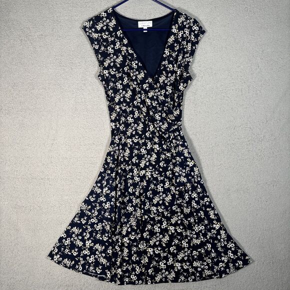 Signature By Robbie Bee Womens Size S Faux Wrap Dress Ruffles Navy Blue Textured - Picture 1 of 15